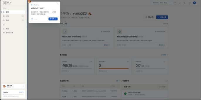 图 4-3 控制台概览：工作区问候 + 两个工坊卡 + 本月用量 + 最近沙箱 + 新手引导。