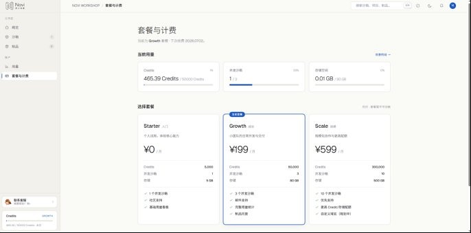 图 4-8 套餐与计费:当前用量 + 三档套餐 + 账单历史。