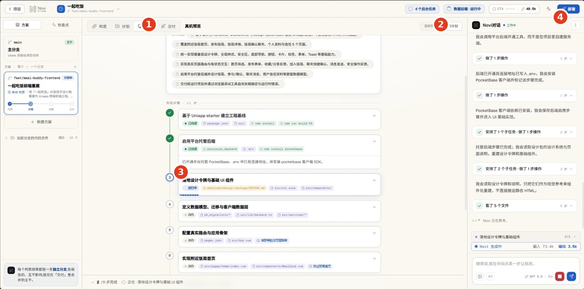 图 6-4 构建：① 现在在「构建」 ② 实时预览 / 执行计划切换 ③ 实现步骤自动推进（✓） ④ 完成后点「部署」。